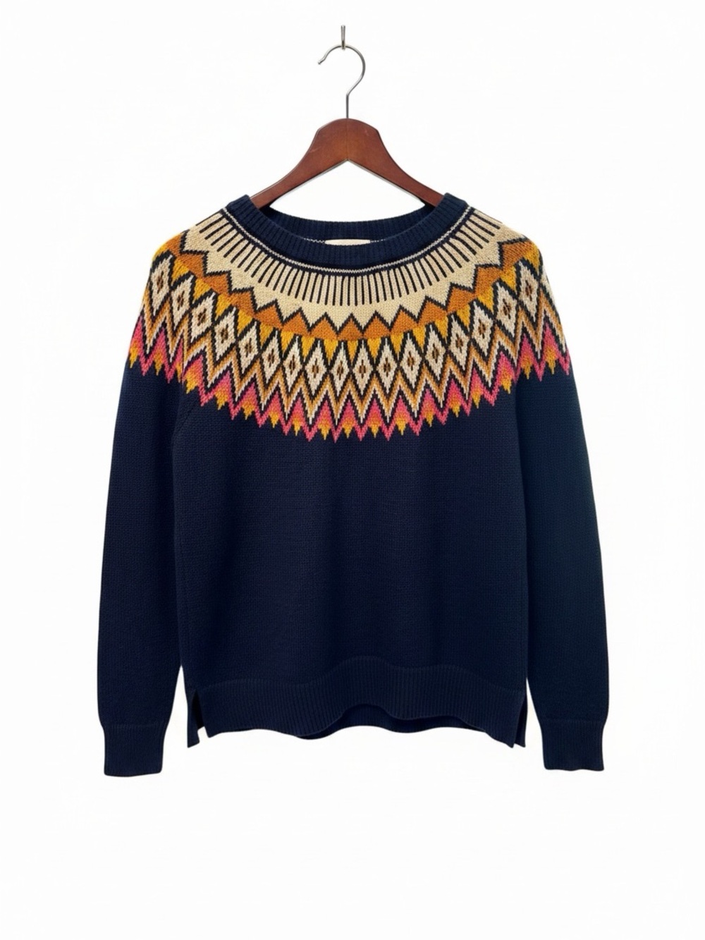 Old Navy Navy Sweater with Yellow, Cream, Pink & Orange Fair Isle Yoke